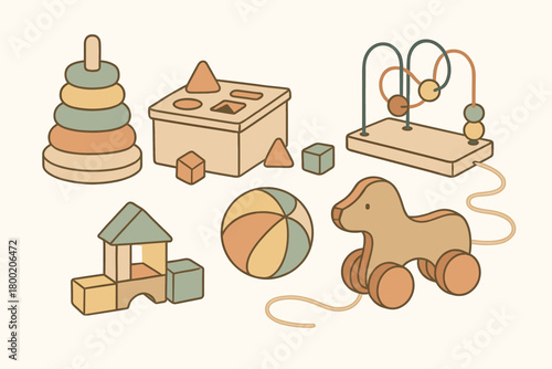 flat vector handdrawn soft palette clean outlines white background playroom toys stacking rings shape sorter wooden blocks pull along toy soft ball bead maze no logos no gloss