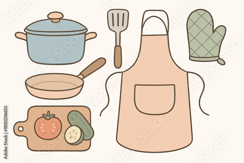 flat vector handdrawn soft palette clean outlines white background kitchen pretend pot pan spatula cutting board with veggie halves apron oven mitt no logos no gloss