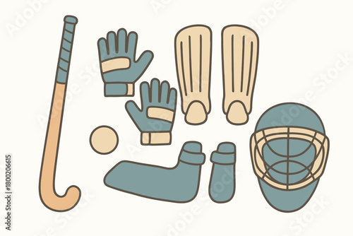 flat vector handdrawn soft palette clean outlines white background field hockey stick ball shin guards gloves mask no logos no gloss