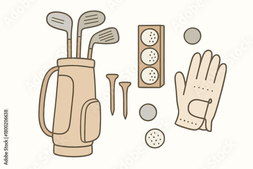 flat vector handdrawn soft palette clean outlines white background golf day clubs balls sleeve tees glove marker no logos no gloss