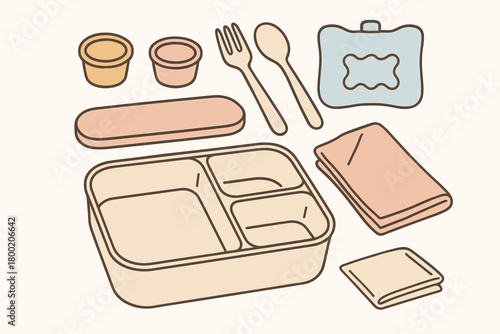 flat vector handdrawn soft palette clean outlines white background meal prep lunch box sauce cups divider tray cutlery case ice pack cloth napkin no logos no gloss