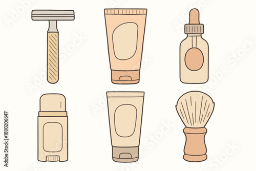 flat vector handdrawn soft palette clean outlines white background gentle shave safety razor shave cream tube pre shave oil alum stick aftershave balm shave brush no logos no gloss