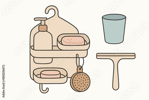 flat vector handdrawn soft palette clean outlines white background shower tidy caddy pump bottle bar soap dish scrubber rinse cup squeegee no logos no gloss
