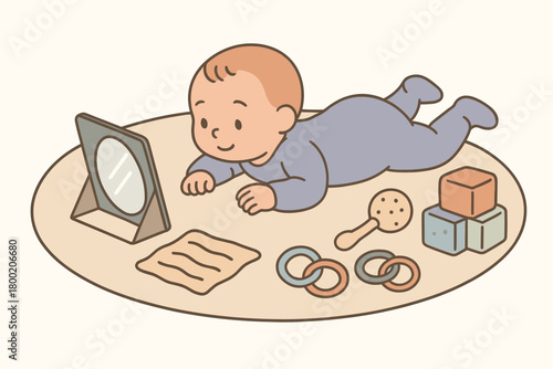 flat vector handdrawn soft palette clean outlines white background tummy time play mat mirror card crinkle cloth soft blocks rattle rings no logos no gloss