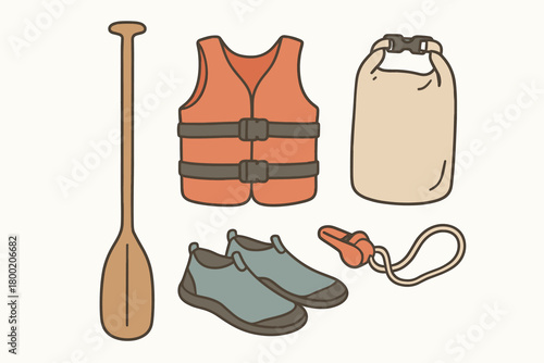 flat vector handdrawn soft palette clean outlines white background paddle tour paddle life jacket dry bag water shoes whistle no logos no gloss