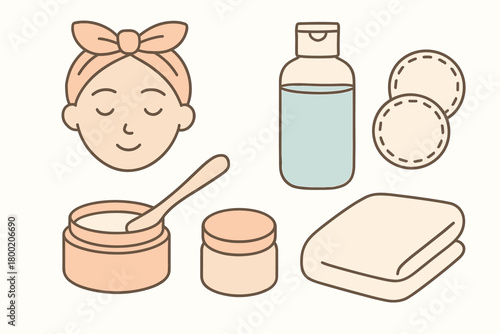 flat vector handdrawn soft palette clean outlines white background gentle cleanse micellar water reusable pads cleansing balm spatula soft towel headband no logos no gloss