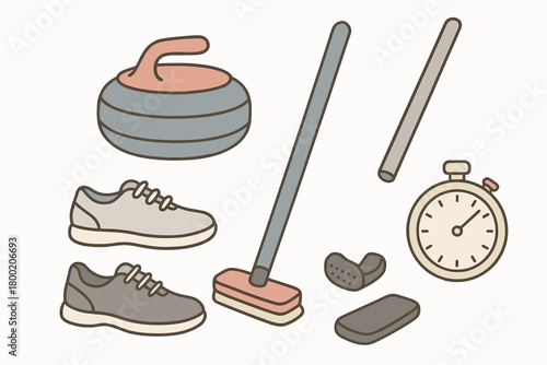 flat vector handdrawn soft palette clean outlines white background curling set stone broom slider shoe gripper stopwatch no logos no gloss