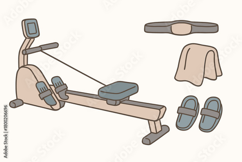 flat vector handdrawn soft palette clean outlines white background indoor rowing handle grip pad foot straps heart rate belt towel no logos no gloss