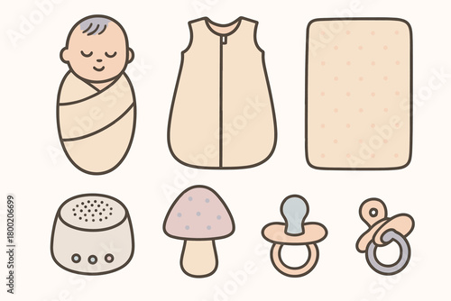 flat vector handdrawn soft palette clean outlines white background sleep time swaddle sleep sack crib sheet white noise unit night light pacifier no logos no gloss