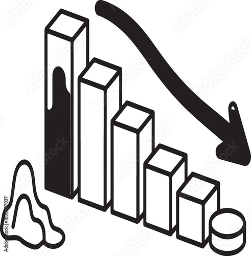 Declining bar chart with a downward arrow, melting ice block, and coin representing financial loss or environmental crisis.