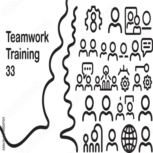Collection of 33 business teamwork training line icons depicting people collaboration and communication concepts