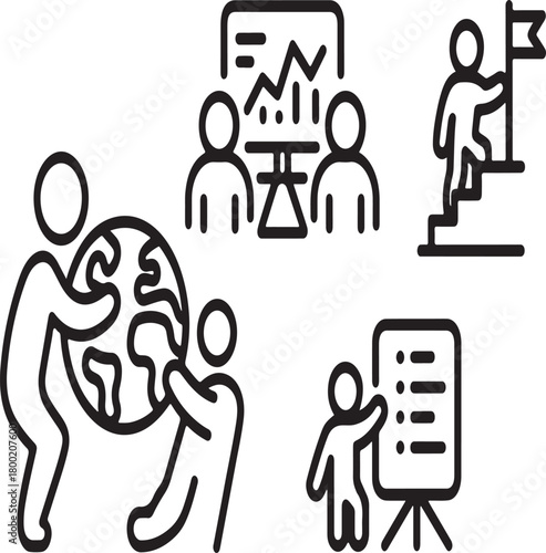Business management line icons illustrating global teamwork, strategic planning, career success, and data analysis