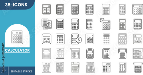 35 Calculator Icons in Modern Vector Style for Accounting, Finance, Mathematics, Budgeting, UI/UX Design, Mobile Apps, Websites, and Educational Tools – Fully Editable Set.
