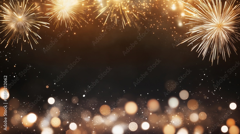 Fototapeta premium Golden fireworks exploding on a dark festive background. New Year's Eve celebration with sparkling bokeh lights and copy space