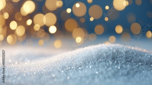 Winter snow texture with sparkling glitter and golden bokeh lights. Festive Christmas and New Year holiday background. Abstract celebration backdrop