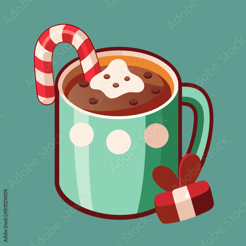 Cozy hot chocolate mug with marshmallows and candy cane illustration