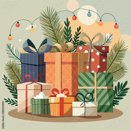 Festive christmas presents tied with elegant ribbons