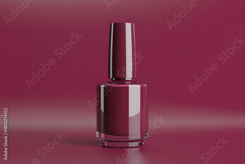 Single bottle of dark berry red nail polish on a matching background