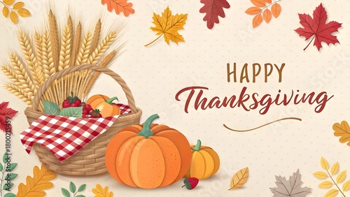 3D Paper Cut Happy Thanksgiving Banner with Festive Autumn Elements