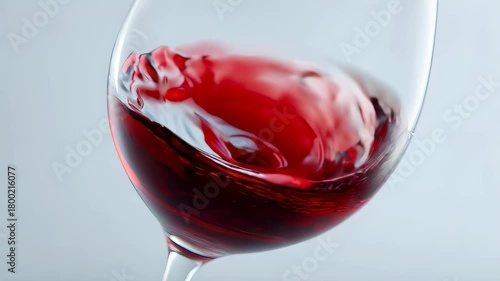 Red wine splashing and swirling beautifully in a clear glass. Liquid beverage wave for celebration concept. Alcohol drink.