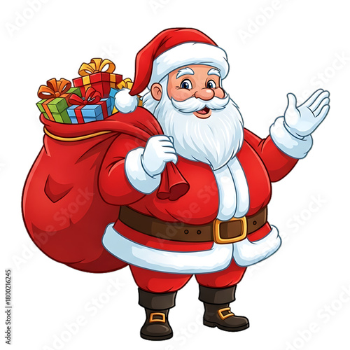 Jolly Santa Claus carrying a red sack of gifts.
