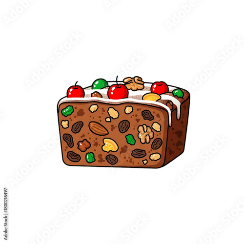 Festive fruitcake topped with nuts and colorful fruits.