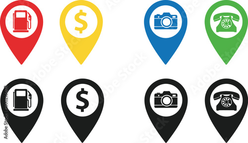 Colorful and monochrome icons representing fuel money camera and telephone locations