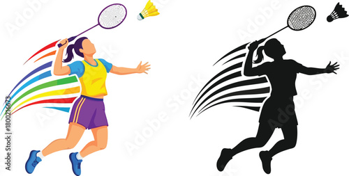 Badminton players in action a colorful illustration and its black silhouette