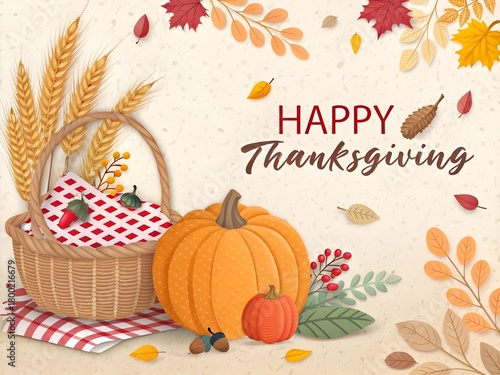 3D Paper Cut Happy Thanksgiving Banner with Festive Autumn Elements