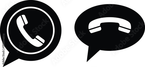 Two black speech bubble icons featuring vintage telephone handset silhouettes