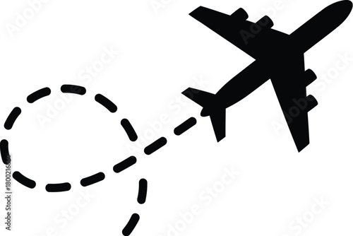 An airplane following a dotted flight path a simple travel icon