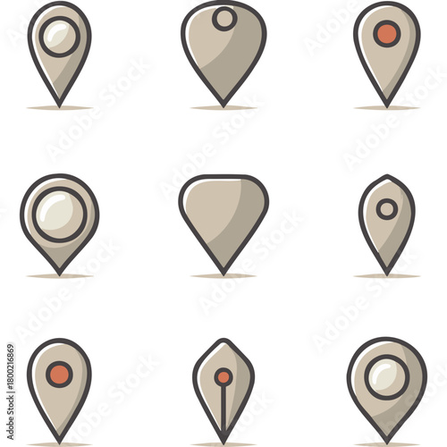 Set of location icons in various designs and colors  