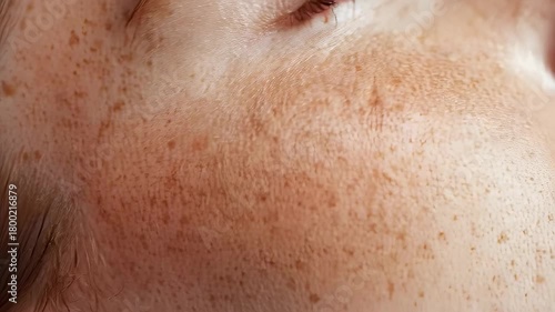 A close up of a caucasian woman’s face with freckles and closed eye, emphasizing natural skin texture and beauty care concept.