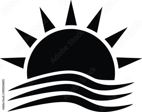 Simple black and white graphic of a sun rising over waves