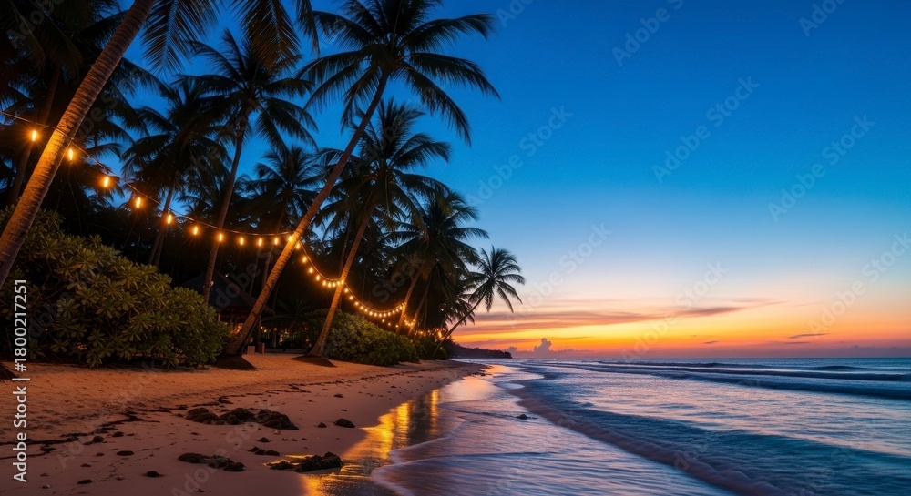 Fototapeta premium Beach sunset with palm trees and string lights
