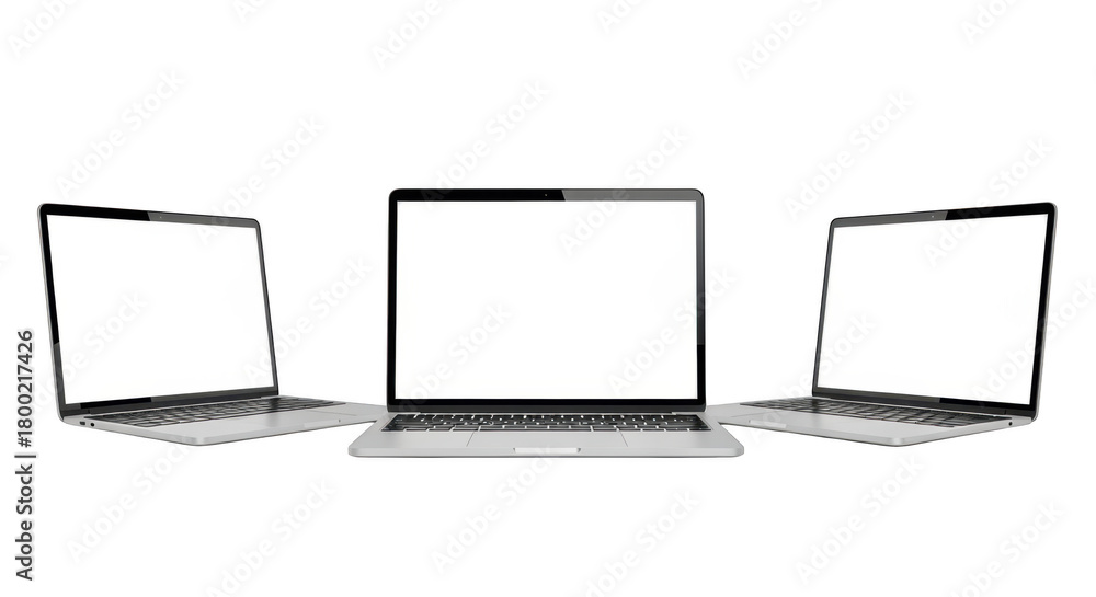 Fototapeta premium Three modern silver laptops with blank screens technology concept