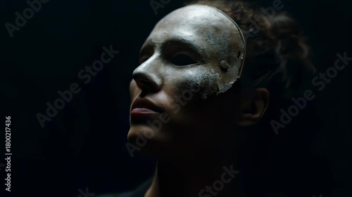 Woman holding two masks hiding her face. Concept of identity, depression, or splitting personality using old vintage masks.