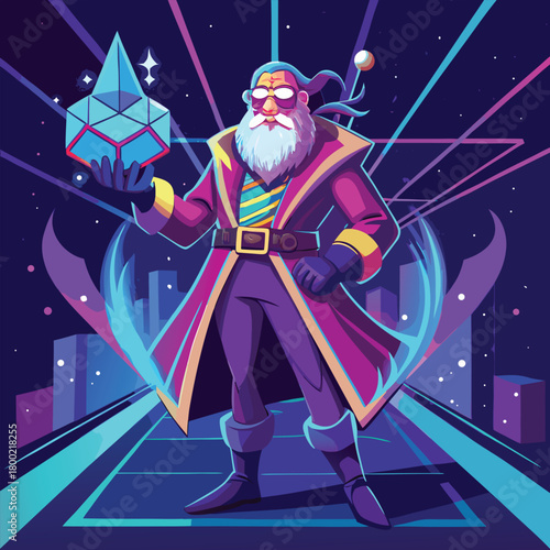 Retro wizard with crystal, glasses and beard in city background