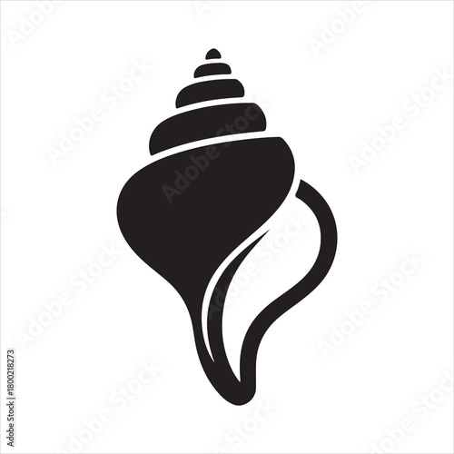 Black conch shell silhouette with spiral marine shape for ocean and beach designs