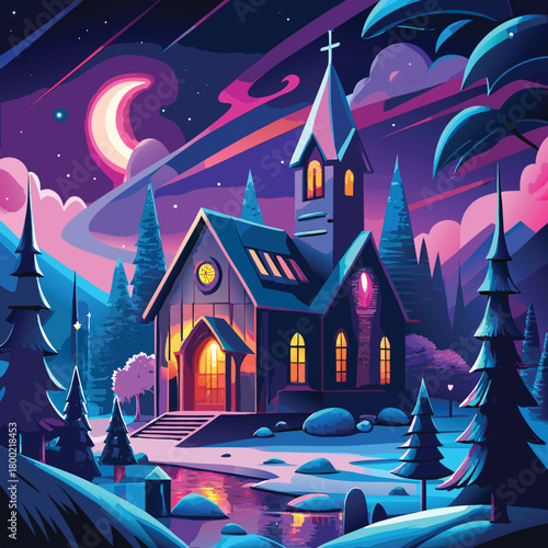 Neon church in a forest at night under the moonlight