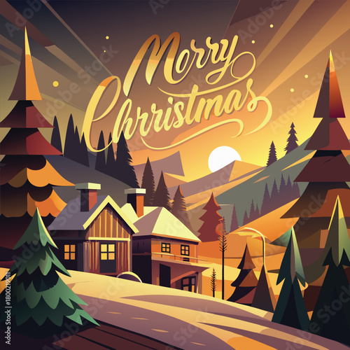 Stylized Holiday Scene with Merry Christmas Text and Snowy Landscape