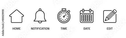 Home, notification, time, date, and edit app icons set. essential outline ui ux design elements for websites and mobile applications. Vector
