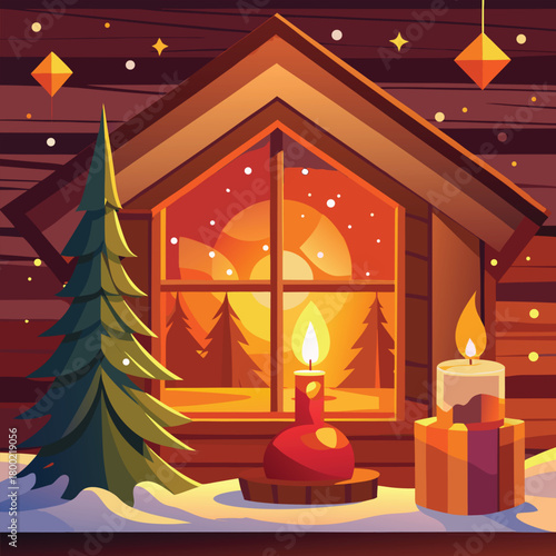 Winter cabin interior with candles and a Christmas tree outside