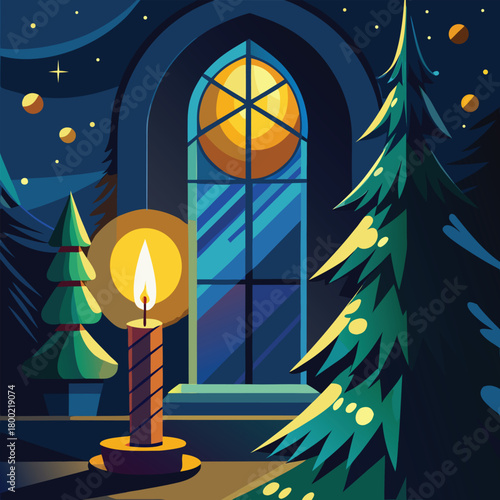 Christmas Eve Candlelight Still Life with Window and Trees christmas