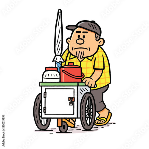 Street Food Vendor Pushing a Traditional Food Cart