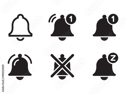Notification bell icon set displaying alert, new message, ringing, mute, silent, and snooze states for app ui ux design. Vector