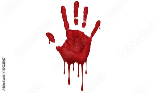 Bloody Handprint with Dribs Symbolizing Crime Horror and Violence isolated on White Background 