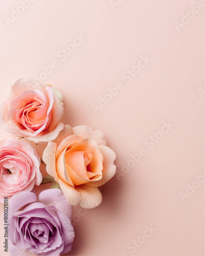 Soft Pastel Background with Four Delicate Roses in Bottom Corner and Large Empty Space for Text, Minimal Elegant Design in Blush, Peach, and Lavender Tones
