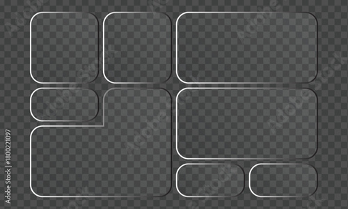 Collection of transparent glass plates with rounded corners, offering a sleek and modern aesthetic for various design applications and visual effects