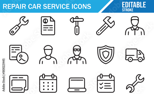 Car service workflow icons representing diagnostics, repair, and protection